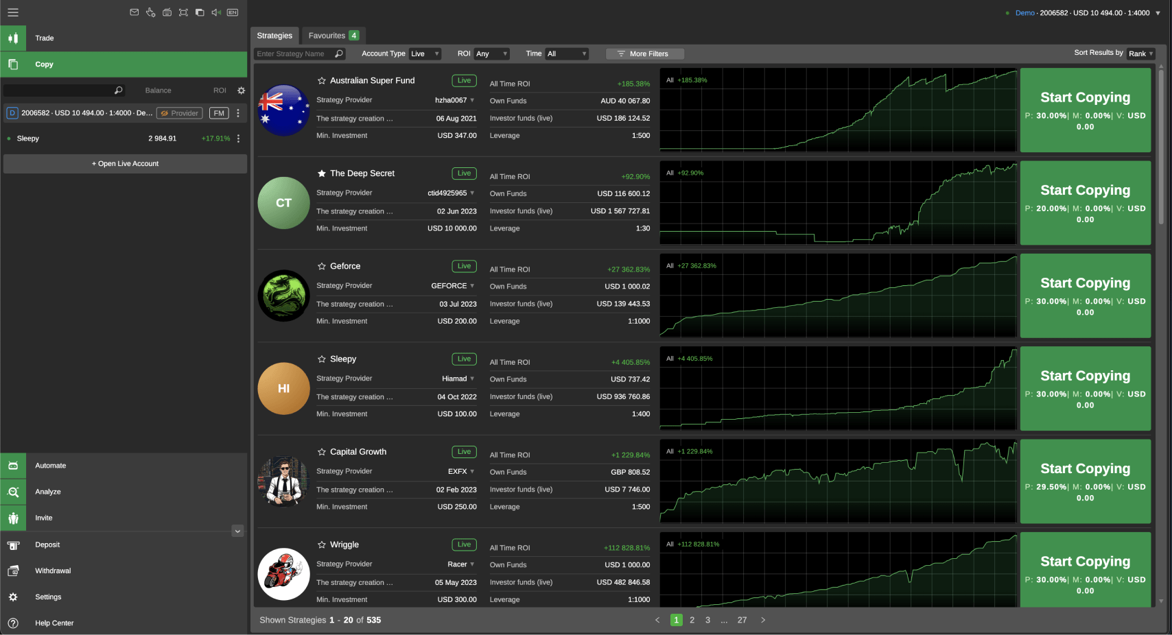 List of trading strategy providers in the copy trading terminal